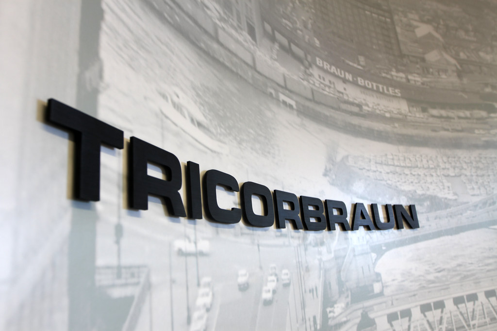 60" wide Black Anodized Brushed Aluminum logo letters for packaging company interior office and production entrance signage St. Louis MO