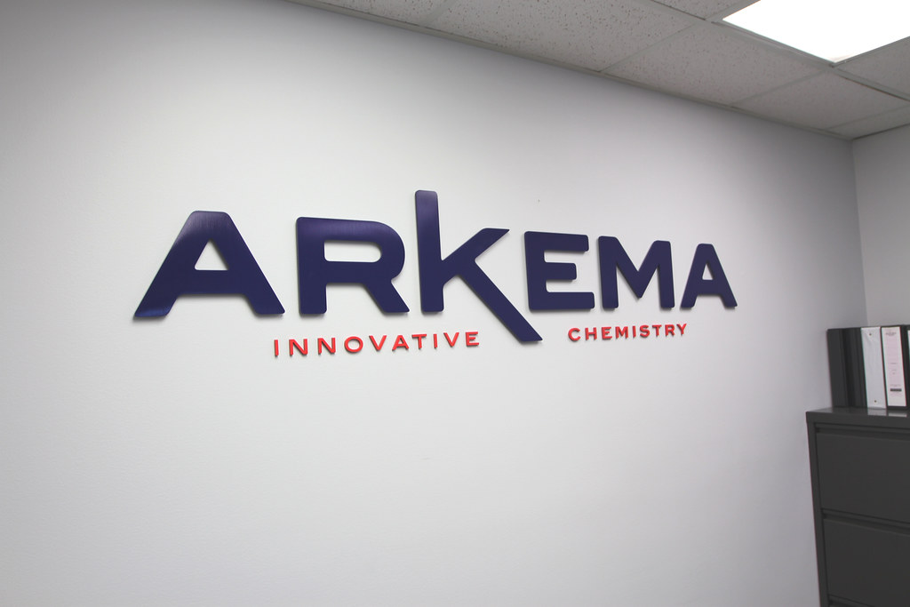 72" wide 1/4" thick Aluminum logo Painted to customers colors: Pantone PMS 2758 C Blue and PMS 192C Red includes Stud mount with 1/4 spacers and pattern.