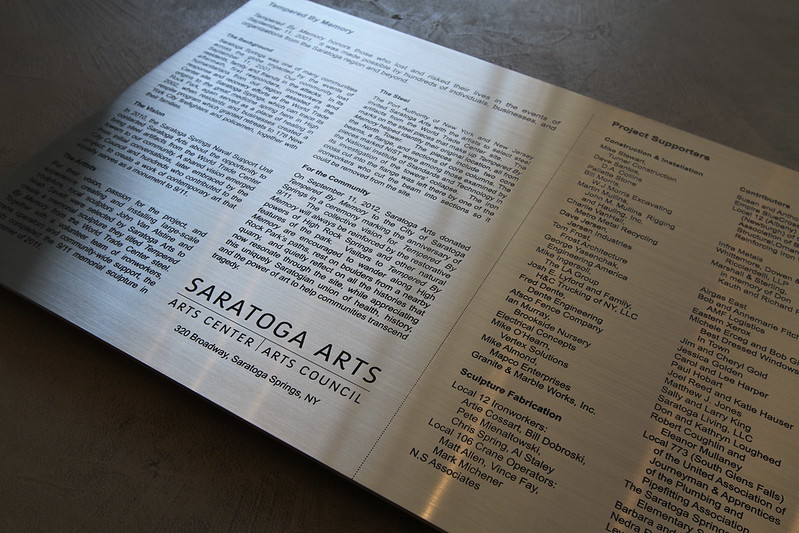 Etched stainless steel plaque featuring donor names