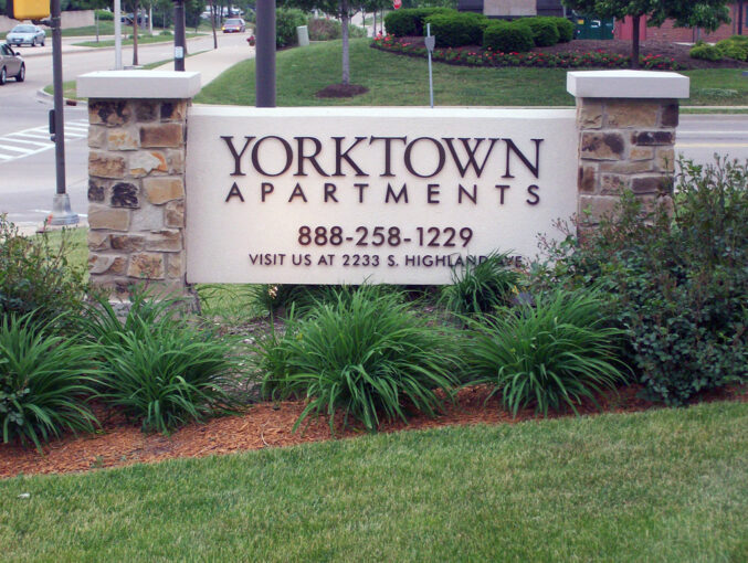 Exterior Foam Monument sign with faux stone columns