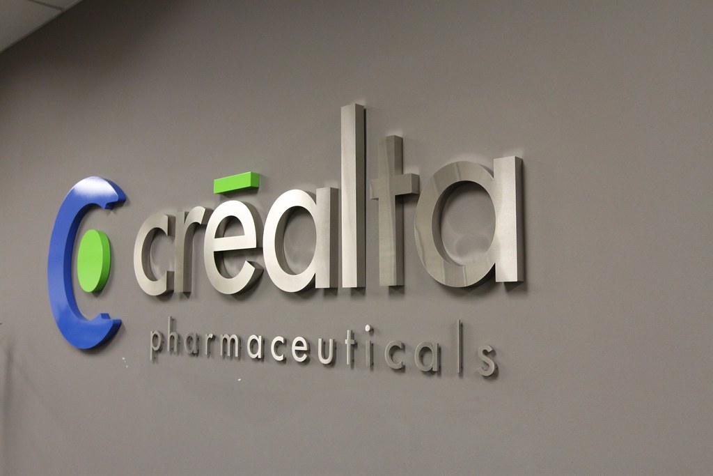 Fabricated corporate logo sign for pharmaceutical lobby