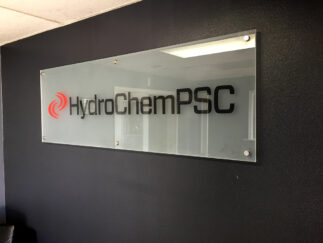 Frosted Glass Panel with Reverse etched and paint filled custom logo