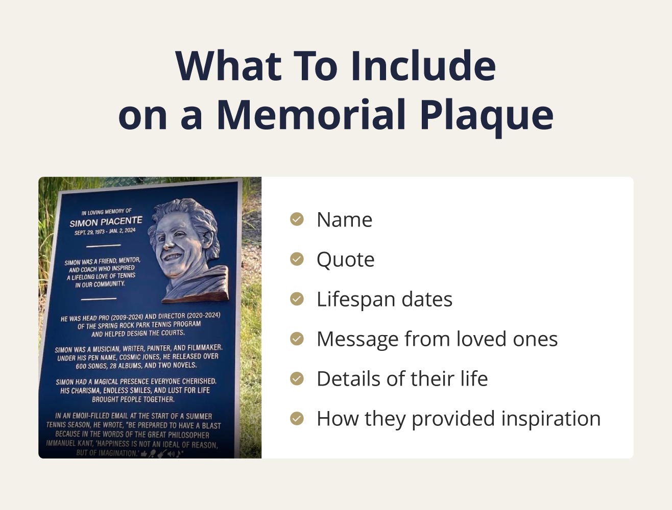 Ideas for what to include on a memorial plaque.