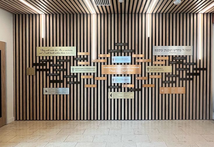 Multi-metal walls with name plaques arranged in an artistic formation