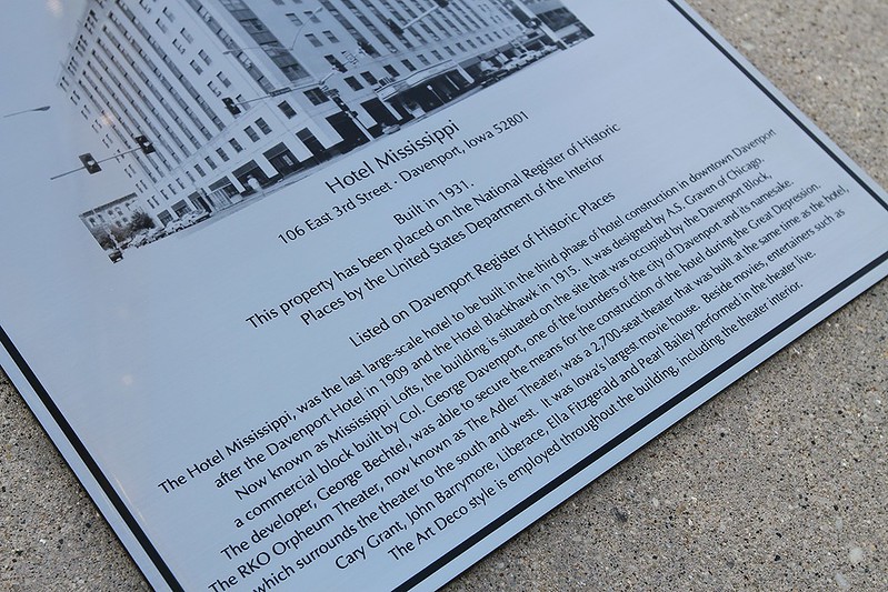 Stainless steel plaque for Hotel Mississippi with information about the hotel