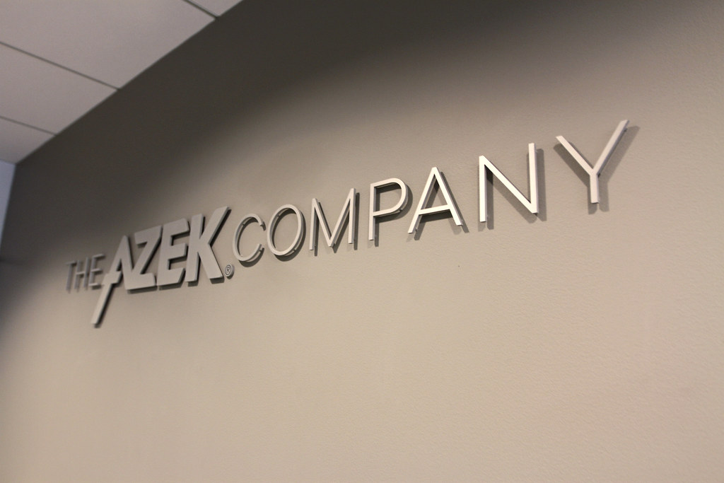 The Azek Company (logo) Overall 72" wide 1/4" thick solid aluminum brushed finish Includes stud mounts installation template and Spacers to "float" your letters